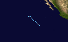 A track map of the path of a tropical depression well west of the Pacific coast of Mexico; the system moves northwestward for its entire life