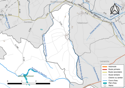 Carte en couleur présentant le réseau hydrographique de la commune