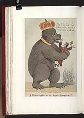 A brown bear with a crown picks up a man (Napoleon).