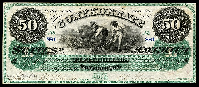 Fifty Confederate States dollar (T4), by the National Bank Note Company