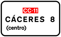 Cartel de la CC-11, colocado en dirección Cáceres después del enlace con la A-66.