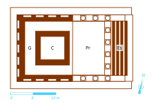 Dessin en couleurs représentant le plan détaillé d'un temple antique.