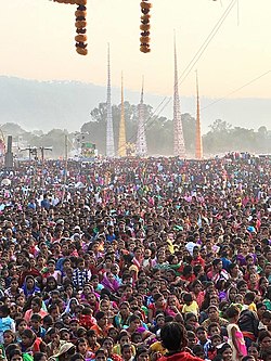 The crowd at Tusu festival at Chandil. The tall structures in the background are called 'choudals'.