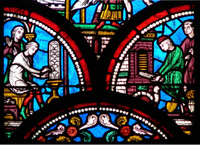 Detail from a 13th-century window in the Basilica of Saint-Quentin depicting the creation of a stained-glass window in Middle Ages.