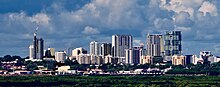 Skyline of a small city. The tallest building is 100 metres in height.