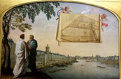 Eustache Le Sueur : Vue de Paris, avec le plan de la chartreuse de Paris porté par deux angelots.