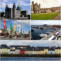 From top; left to right: Galway Cathedral, University of Galway, Eyre Square, Galway Harbour, the Long Walk