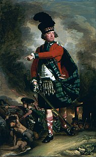 Painting of a man in tartan kilt, carrying a sword. The sky is dark and clouded. In the background below him, Scottish soldiers are overcoming Cherokee warriors.