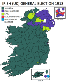 Colour-coded map of Ireland, illustrating the results of the 1918 election