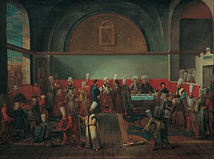 Foreign ambassadors being received at the Topkapı Palace in Istanbul during the reign of Sultan Ahmed III. Painting by Jean-Baptiste van Mour, 1725.