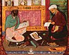 Detail of a 1610 added page from a Mughal copy of Nizami's Khamsa (made for Akbar 1595). The painting shows the calligrapher Abd al-Rahim and the painter Dwalat at work in the imperial studio.