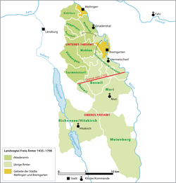 Map of the bailiwick of the Freie Ämter in the Old Swiss Confederacy 1435–1798