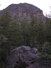 Another view of the east face, with a broken column of crystalline dacite in the foreground.