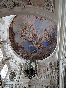 Looking up the central stairway at Augustusburg Palace in Brühl by Balthasar Neumann (1741 – 1744)