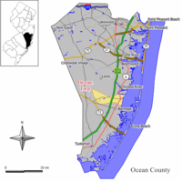 Location of Ocean Township in Ocean County highlighted in yellow (right). Inset map: Location of Ocean County in New Jersey highlighted in black (left).
