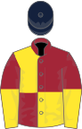 Maroon and yellow (quartered), halved sleeves, dark blue cap