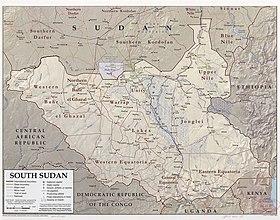 Carte du Soudan du Sud avec la République centrafricaine à l'ouest.