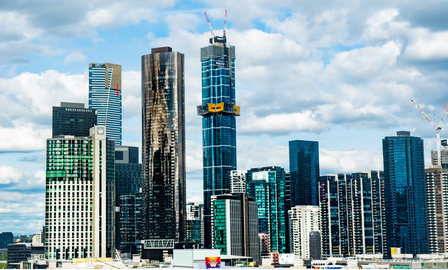 Australia 108 (centre) under construction in November 2019, alongside Prima Pearl, Eureka Tower, and other prominent buildings on the Southbank skyline