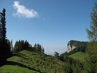 Charakteristische Landschaft, Alm und Felsen: Blick von der Tyrnauer Alm zur Roten Wand