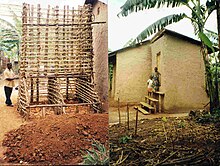 UDDT under construction using local materials, Eco-San, Mitooma district.