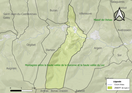 Carte des ZNIEFF de type 2 sur la commune.