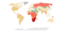 A map of the world where most of the land is coloured green or yellow except for sub Saharan Africa which is coloured red