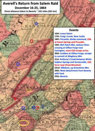 map showing Union troop movements through mountainous region of western Virginia and West Virginia