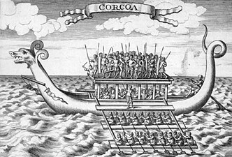 18th-century engraving of a karakoa from The Discovery and Conquest of the Molucco and Philippine Islands (1711) by Bartolomé Leonardo de Argensola, showing two pairs of daramba on each side[6]