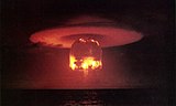 The mushroom cloud from the 11-megaton Castle Romeo hydrogen bomb test, showing a prominent condensation ring.