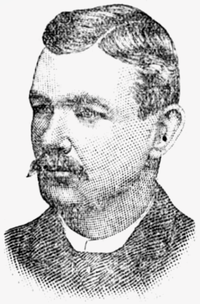 A black and white portrait illustration of a man with a long mustache wearing a suit and tie