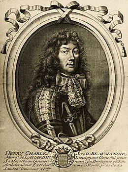 Gravure en médaillon représentant un homme portant une large perruque brune et une armure ouvragée. Il se tient de trois-quart droite.