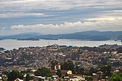 Lake Kivu separating Bukavu (In the foreground) and Cyangugu (In the background) as seen from Tumbimbi.