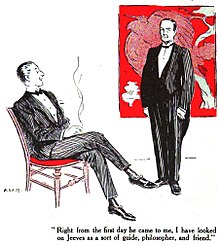 Bertie sits smoking a cigarette; Jeeves stands looking on