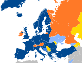 Map of Europe with countries in six different colors based on their affiliation with NATO