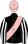 Black, white striped sleeves, pink sash and cap