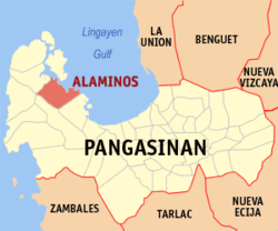 Mapa han Pangasinan nga nagpapakita kon hain nahamutang an Syudad han Alaminos.