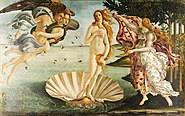 Painting displaying a naked blond woman standing atop an oyster shell in water. To her left, another blond woman tries to cover her with a pink cloth. To her right a flying naked couple is seen, with a blue cloth wrapped loosely around them.