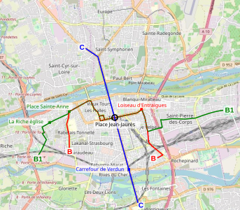 Carte en couleurs d'un réseau de transport en commun.