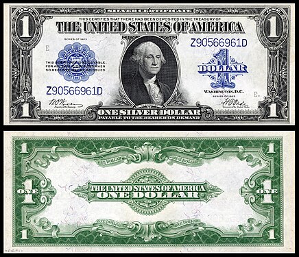 Obverse and reverse of a 1923 one-dollar silver certificate