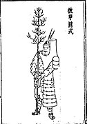 Soldier wearing leather armour only protecting the left side, holding a wolf brush (anti-polearm weapon), from the Wubei Yaolue