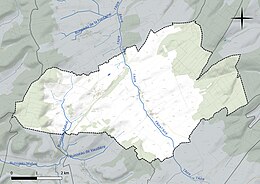 Carte en couleur présentant le réseau hydrographique de la commune