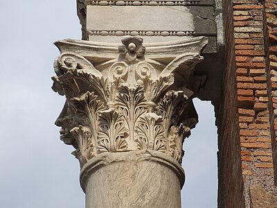 Roman Corinthian capital with a fleuron on the abacus of the Baths at Ostia, Ostia Antica, near modern Ostia, southwest of Rome, unknown architect, unknown date