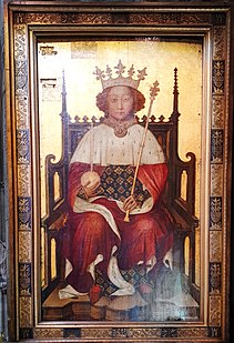 A painting of Richard II, wearing a crown, sitting on a grand chair, and holding an orb and sceptre.