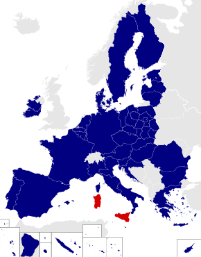 Map of the European Parliament constituencies with Italian Islands highlighted in red