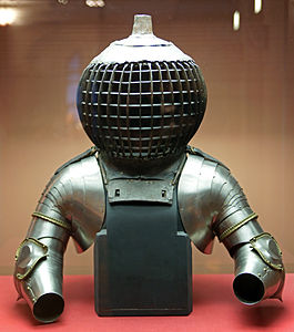 Armour designed for the Kolbenturnier, dated to the 1480s. The Kolbenturnier was a late form of the tournament, unlike the joust played with two teams using wooden clubs (Kolben) to hit opponents' helmet crests.