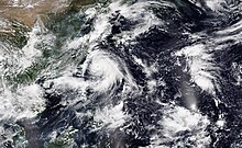 A photograph of the western Pacific Ocean, with three tropical cyclones visible. The tropical cyclones on the left and right are both weak and poorly organized, with lopsided, misshapen convection. The tropical cyclone near the center is much stronger; it is a powerful typhoon with a circular eye surrounded by a thick ring of intense convection. A prominent curved band arcs out to the east and south of the typhoon's center, with extensive cirrus outflow visible along these flanks. Aside from these three tropical cyclones, many other areas of high clouds and/or convection can be seen across the basin.