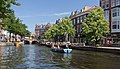 Leiden, boats in the Nieuwe Rijn with bridge (de Visbrug) in background