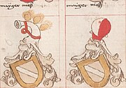 Wappen der Familie Meyer-Niessen mit verschiedener Helmzier aus der Zeit vor dem 15. Jh.[17]