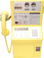 NTT 日本電信電話会社 679-PRA 黄色公衆電話機。1995年の廃止・交換まで公衆電話ボックス内などに設置されていた。