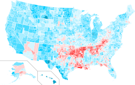 Change in vote margins at the county level from the 2004 election to the 2008 election. Obama made dramatic gains in every region of the country except for Arizona (McCain's home state), Alaska (Palin's home state), Appalachia, and the inner South, where McCain improved over Bush.